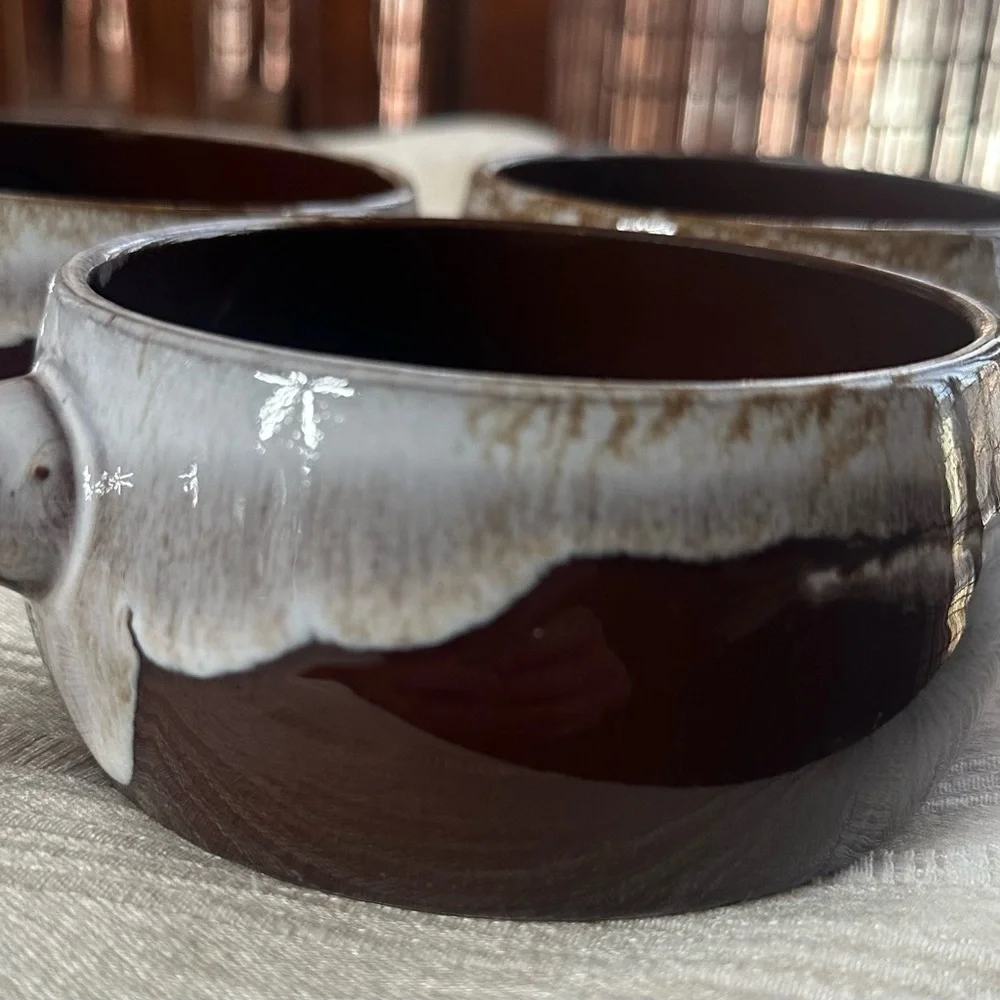 Vintage Japan French Onion Soup Bowls Set 3 Brown Drip Glaze Stoneware